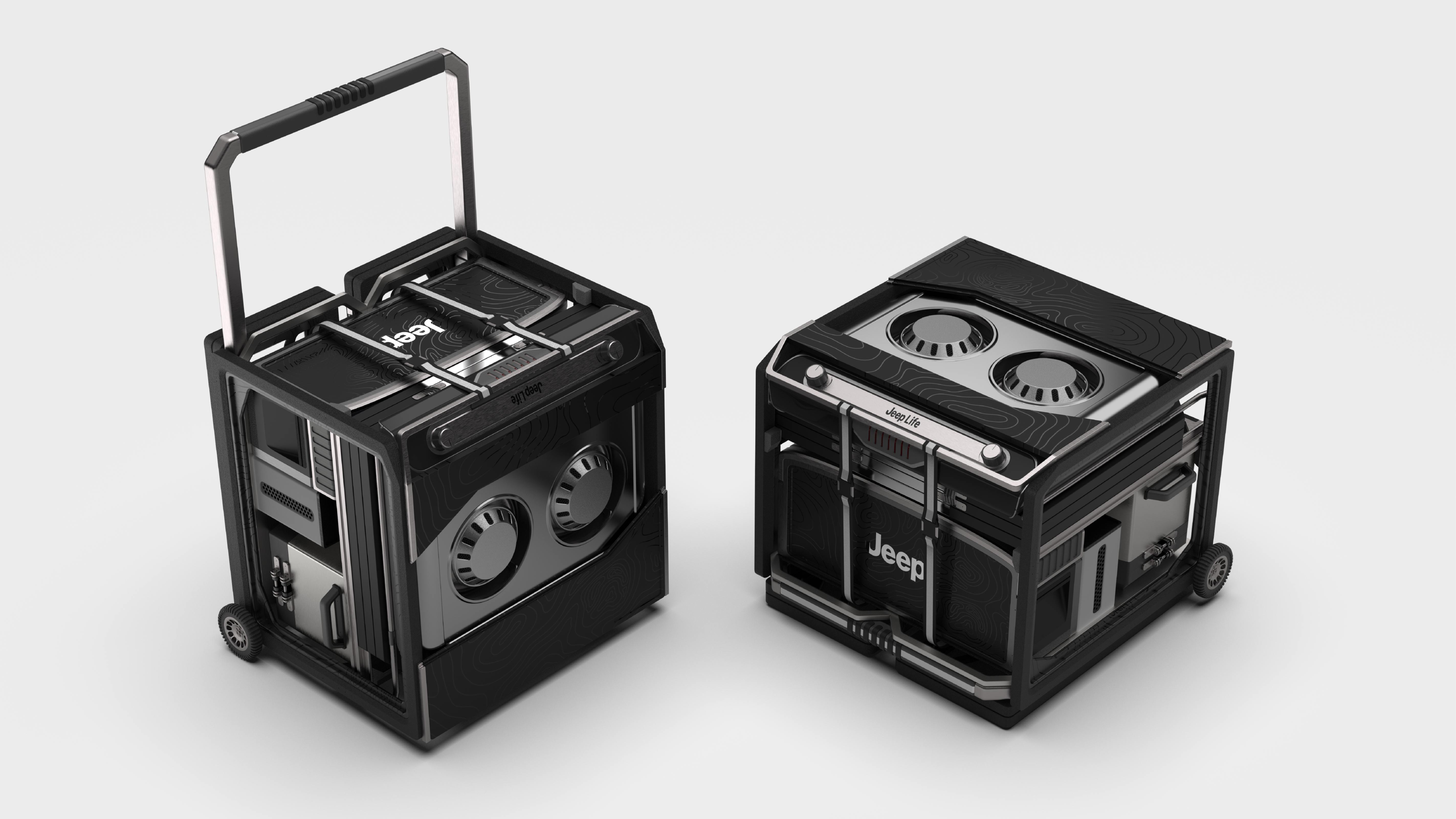 Jeep Convoy modular portable cooking and power system, two angles on a studio background